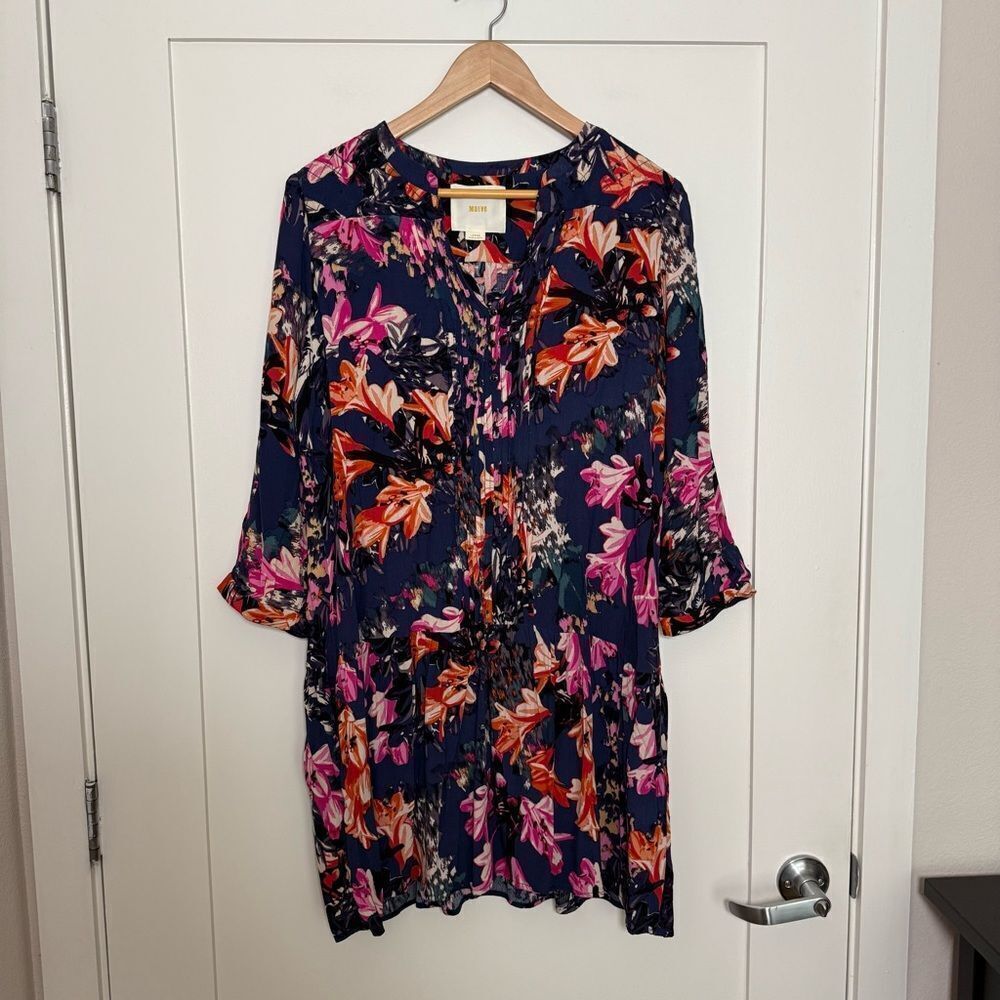 Maeve Tunic Dress Womens Sz L Purple Long Sleeve Pockets Buttons Floral Romantic